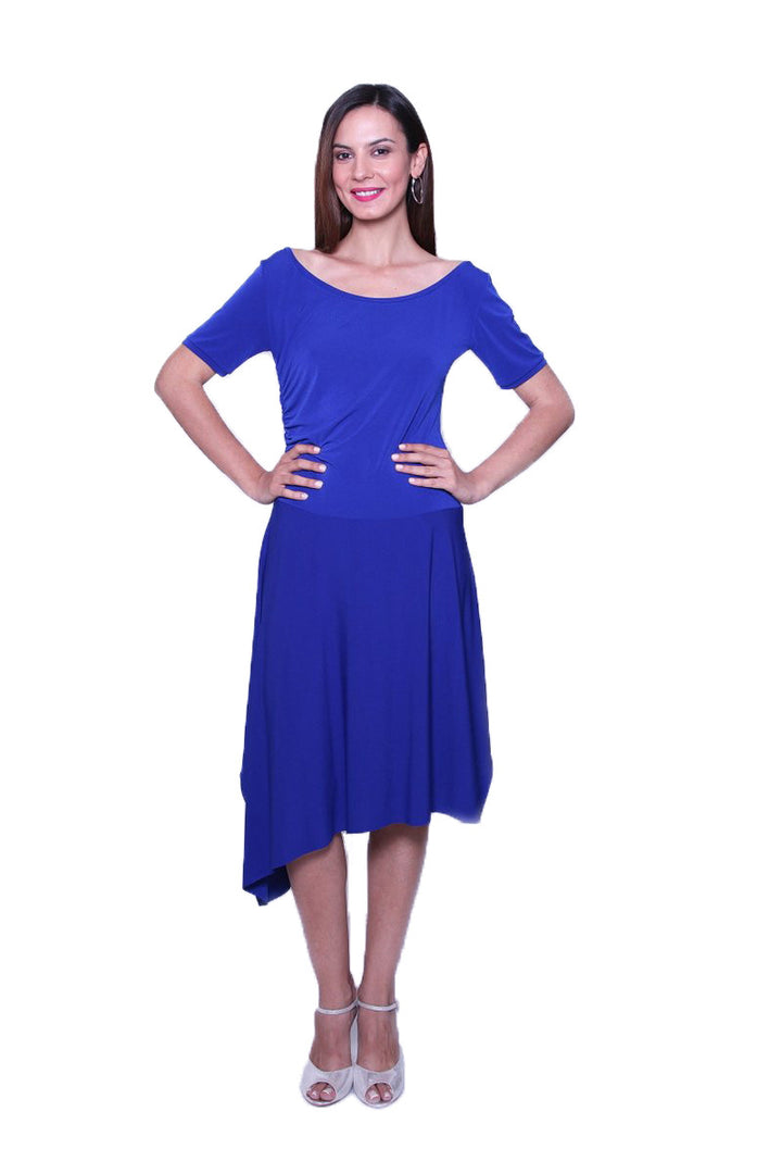 conDiva Blue Long-sleeve Tango Dress with Side Draping | Comfortable Tango Dresses