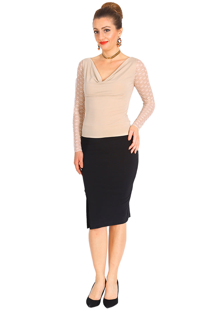 Beige Tango Top With Lace Back And Long Sleeves
