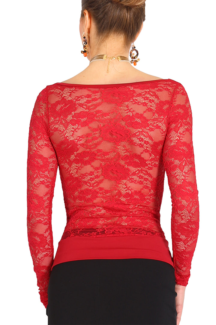 Red Tango Top With Lace Back And Long Sleeves