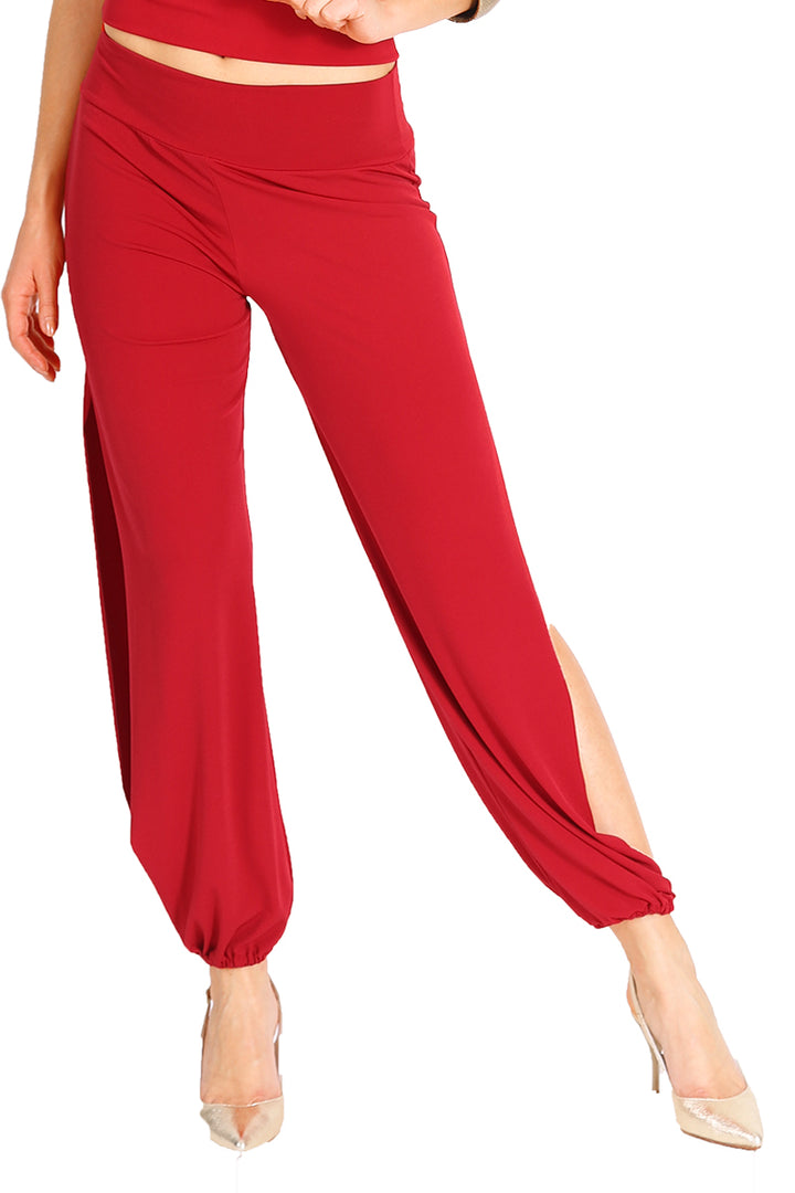 Red Gathered Tango Pants With Slits