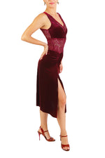 Load image into Gallery viewer, Burgundy Velvet Tango Dress with Lace
