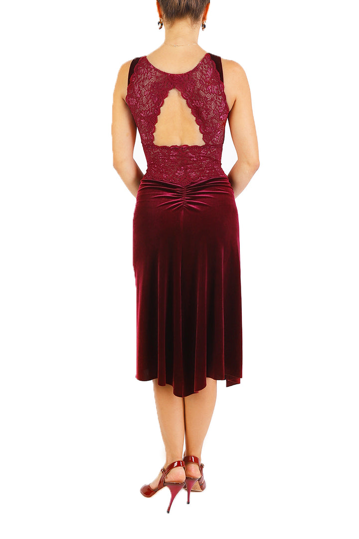Burgundy Velvet Tango Dress with Lace