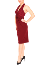 Load image into Gallery viewer, Halter neck tango dress with lace and front gatherings - burgundy