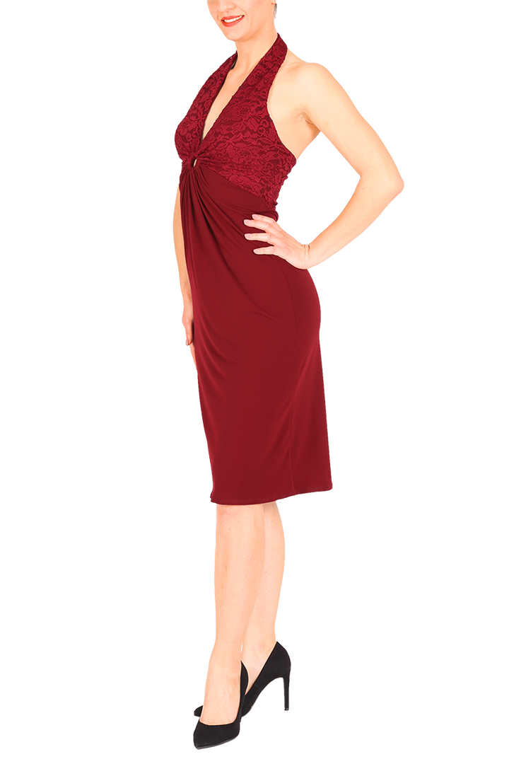 Halter neck tango dress with lace and front gatherings - burgundy