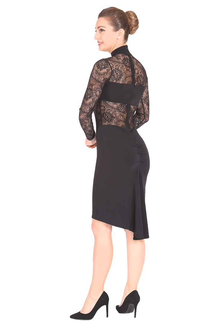 Black Tango Dress With Lace Details And Ruched Fishtail Skirt