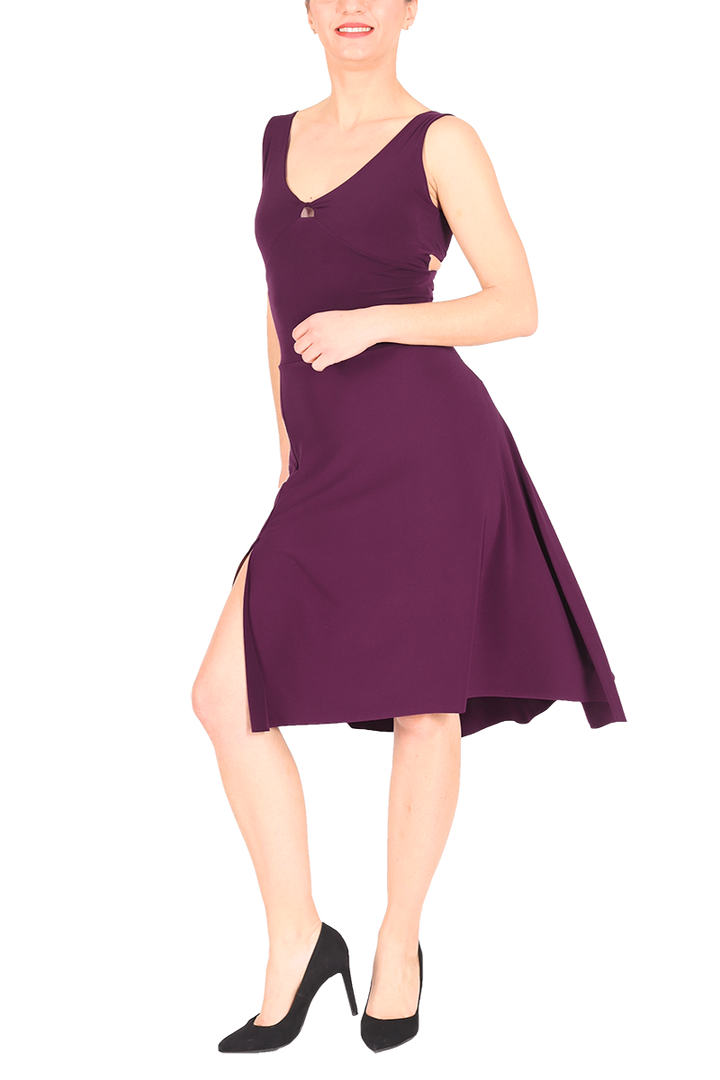 Eggplant tango dress with crisscross back and rich back draping