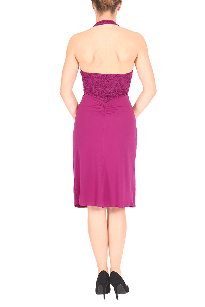 Halter neck tango dress with lace and front gatherings - dark fuchsia