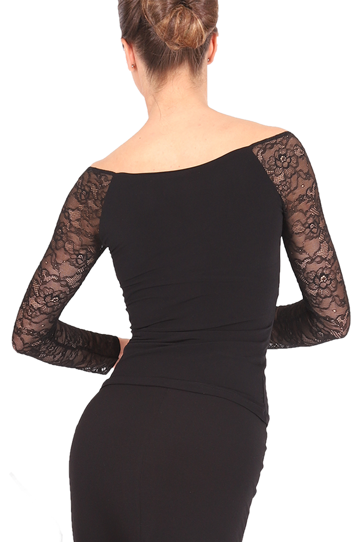 Black Tango Top With Lace Long Sleeves