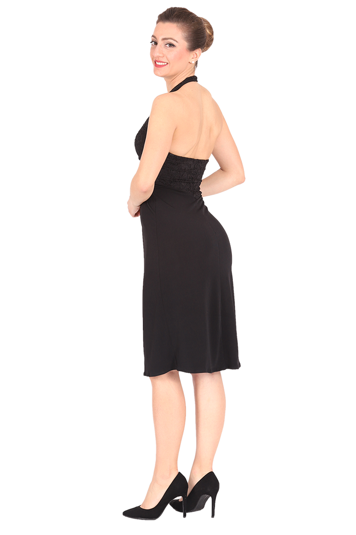 Halter neck tango dress with lace and front gatherings - black