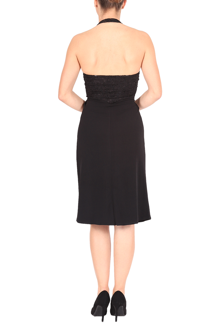 Halter neck tango dress with lace and front gatherings - black