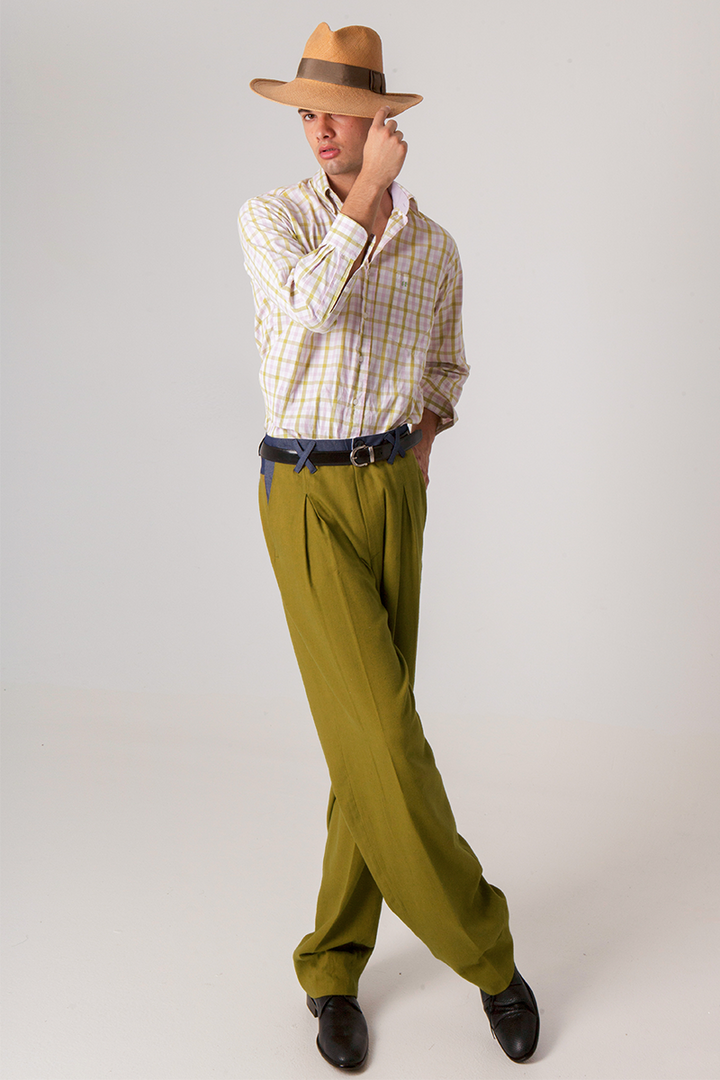Olive Green Viscose Tango Pants With Front & Back Pleat