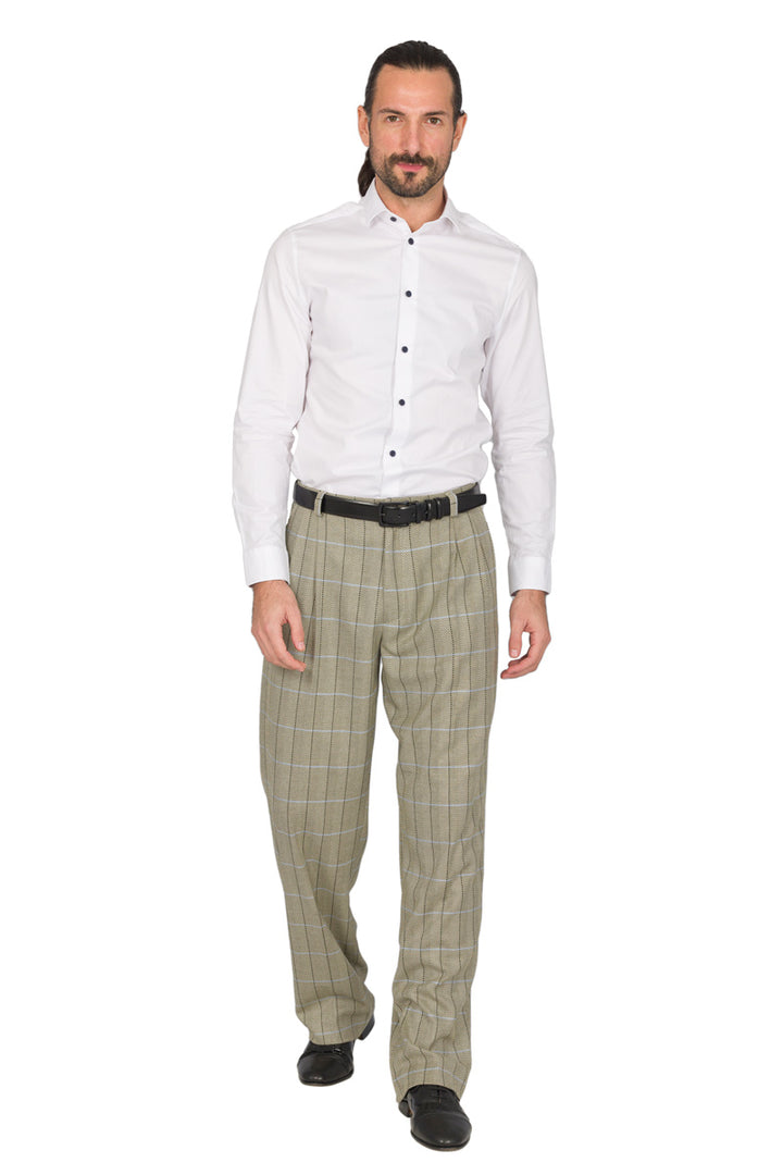 Beige Checked Men's Tango Pants With Two Pleats