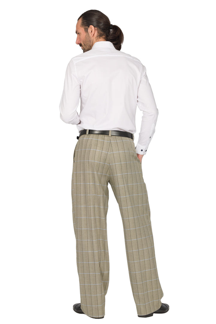 Beige Checked Men's Tango Pants With Two Pleats