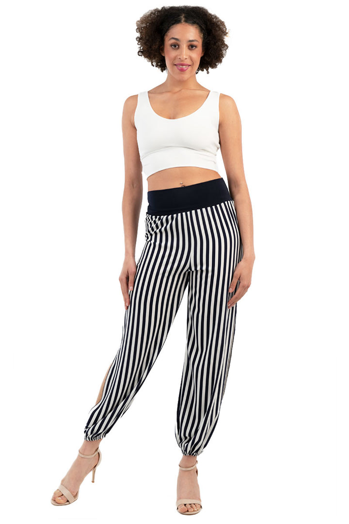 Black And White Striped Gathered Pants