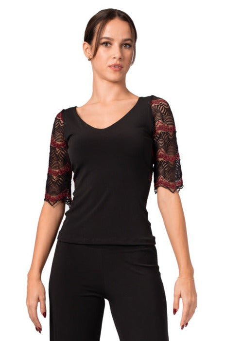 Black Blouse With Lace Back And Sleeves\