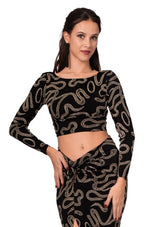Load image into Gallery viewer, Black Long Sleeve Twisted Knot V-neck Crop Top With Sparkling Gold Details