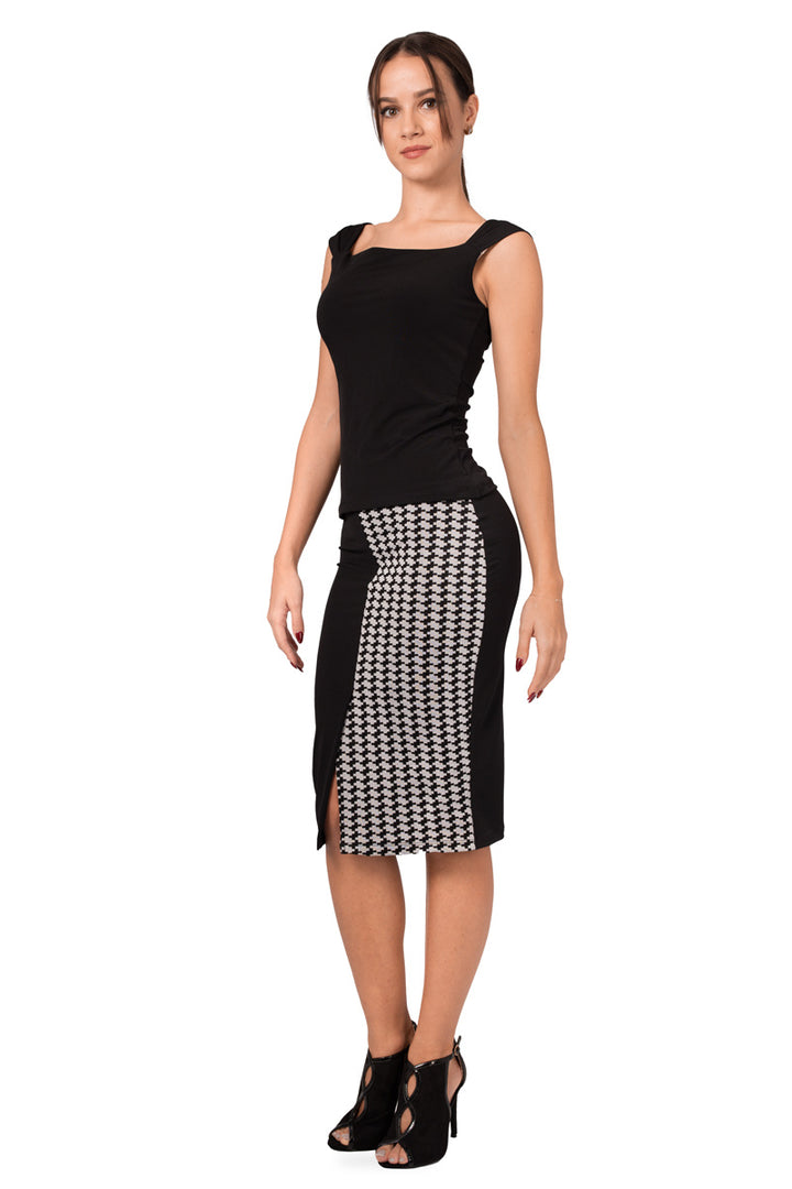 Black Pencil Skirt With Black and White Houndstooth Pattern