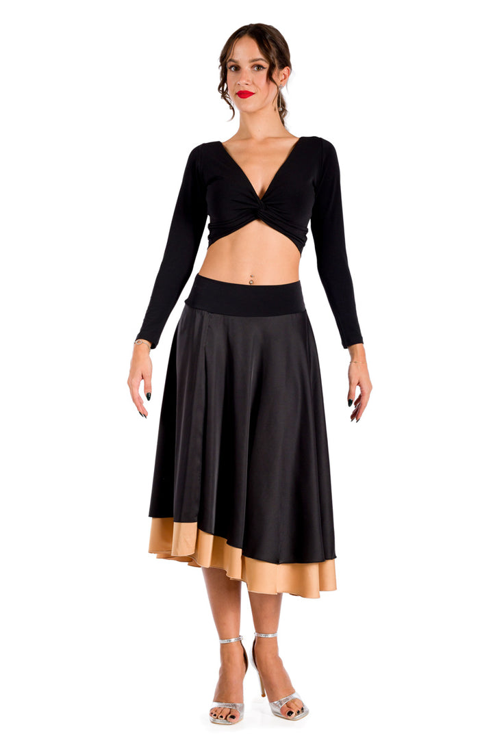 Black Satin Two-layered Dance Skirt With Gold Base