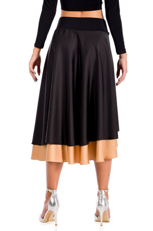 Black Satin Two-layered Dance Skirt With Gold Base