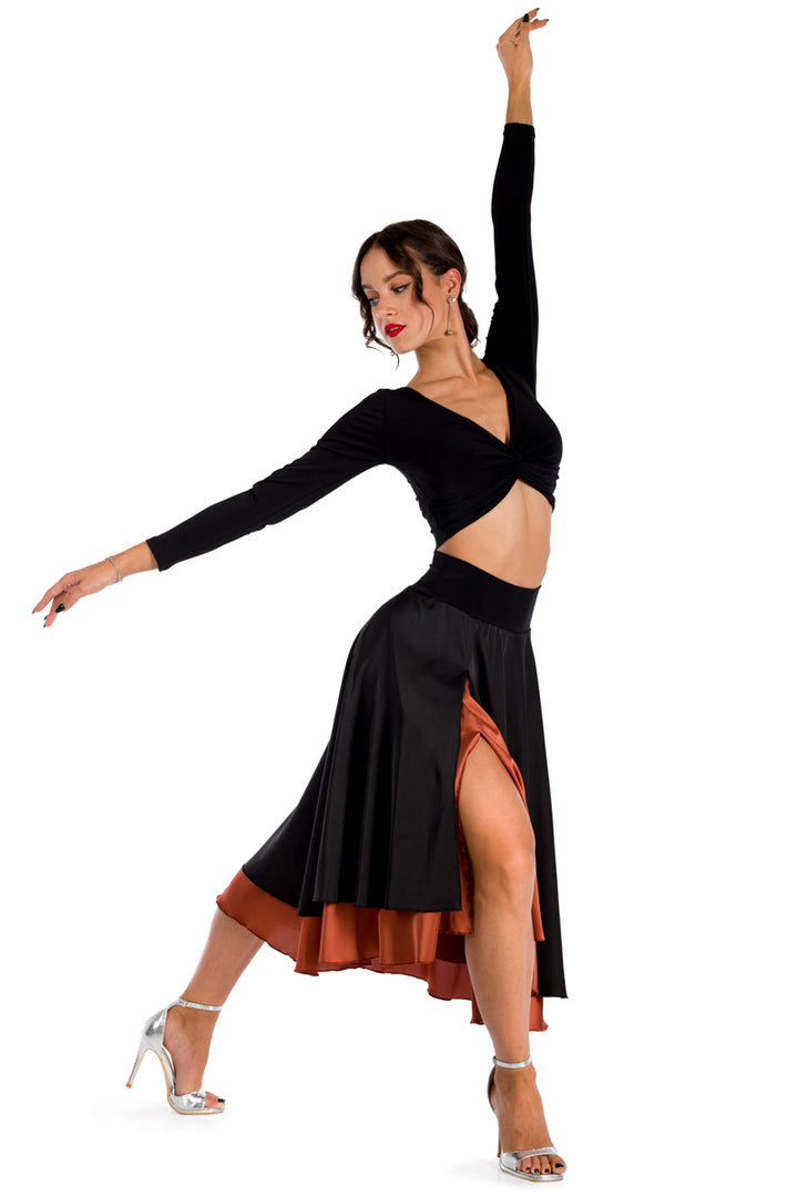 Black Satin Two-layered Dance Skirt With Orange Base