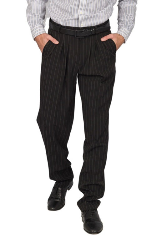 Black Striped Tango Pants With Three Inverted Pleats 
