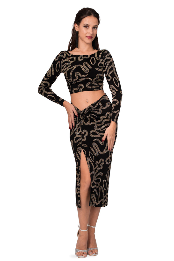 Black Twist Knot Bodycon Midi Skirt With Sparkling Gold Details