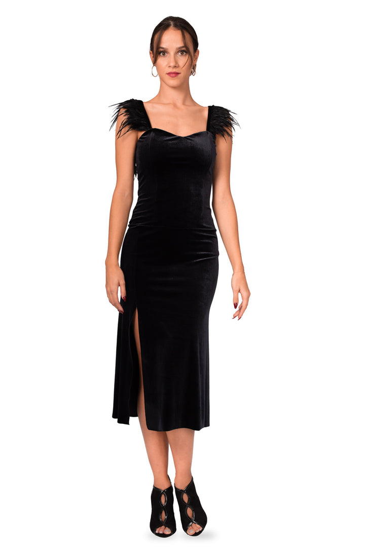 Black Velvet Dress With Feather Details