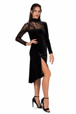Load image into Gallery viewer, Black Velvet Turtle Neck Long-Sleeved Dress With Tulle Back