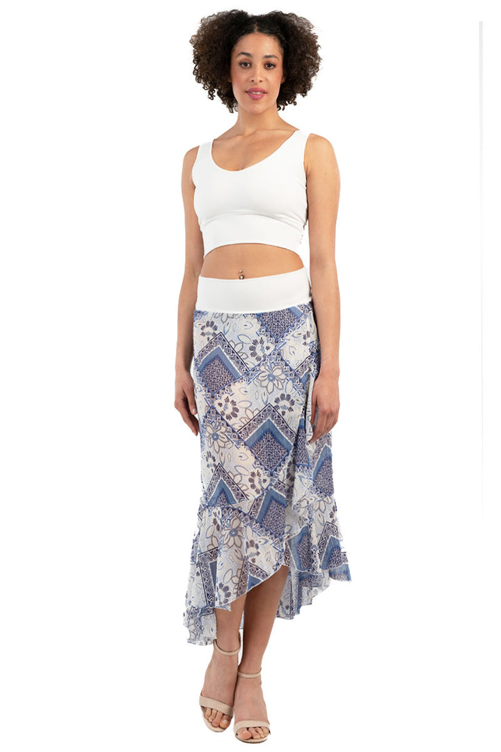 Blue Printed Asymmetric Tango Wrap Skirt With Ruffles