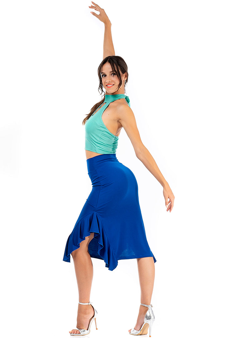 Bodycon Midi Dance Skirt With Side Ruffles