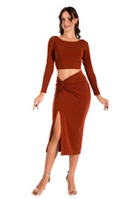 Load image into Gallery viewer, Brick Red Long Sleeve Twisted Knot V-neck Crop Top