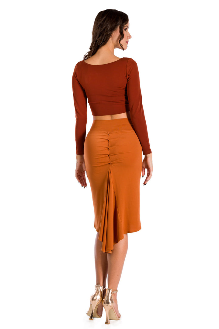 Brick Red Long Sleeve Twisted Knot V-neck Crop Top