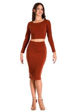 Load image into Gallery viewer, Brick Red Long Sleeve Twisted Knot V-neck Crop Top