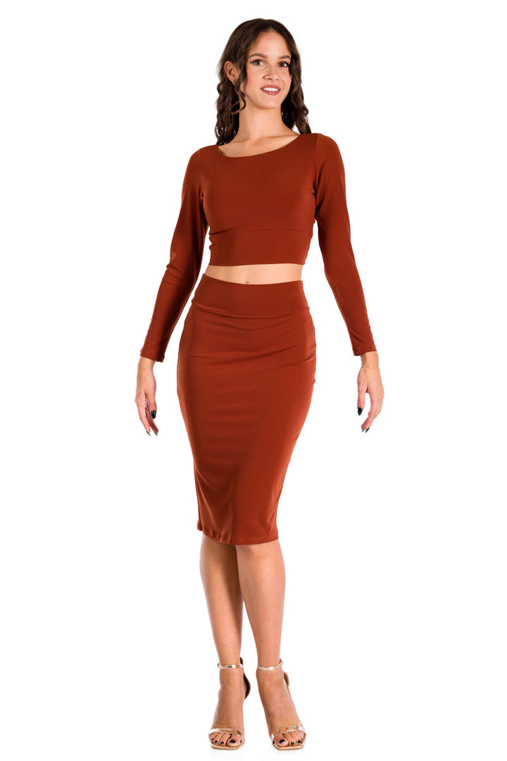 Brick Red Long Sleeve Twisted Knot V-neck Crop Top
