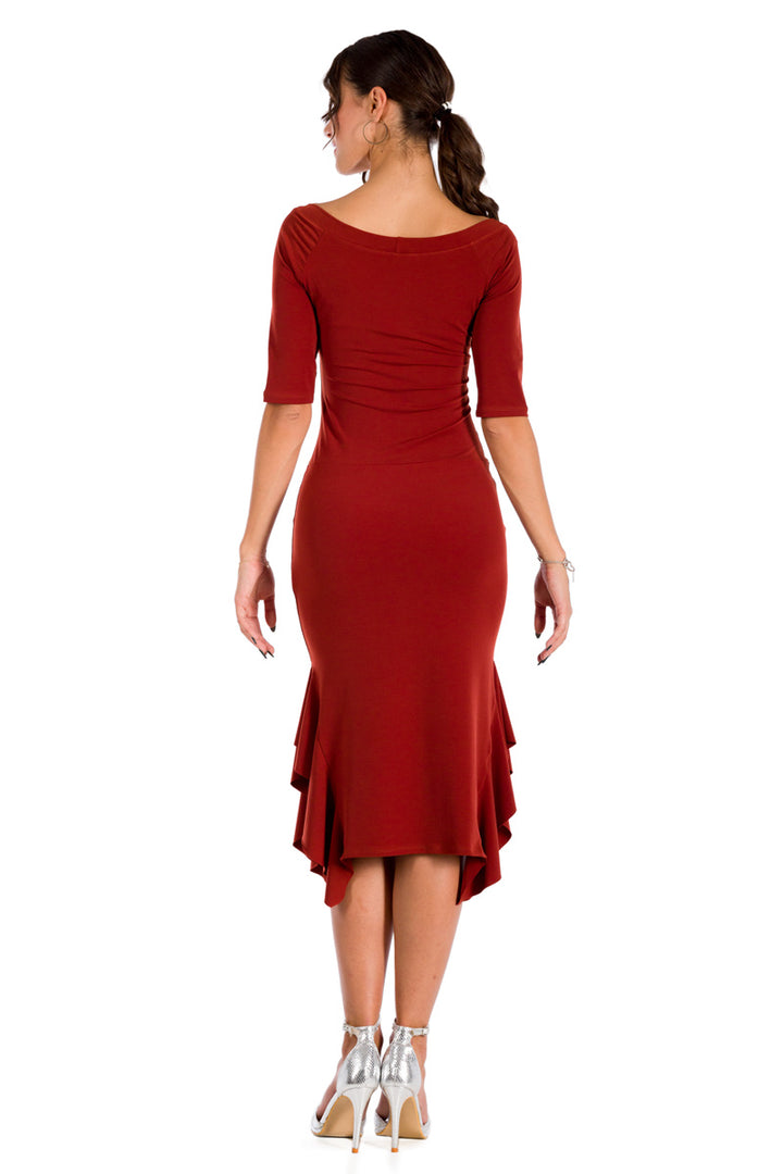 Brick Red Short Sleeve Bodycon Dress With Side Ruffles