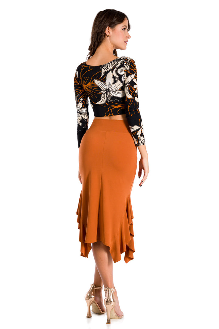 Bronze Orange Bodycon Midi Dance Skirt With Side Ruffles