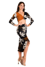 Load image into Gallery viewer, Bronze Orange Floral Print Long Sleeve Twisted Knot V-neck Crop Top