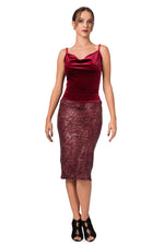 Load image into Gallery viewer, Burgundy Paillette Fishtail Skirt With Velvet Waistband