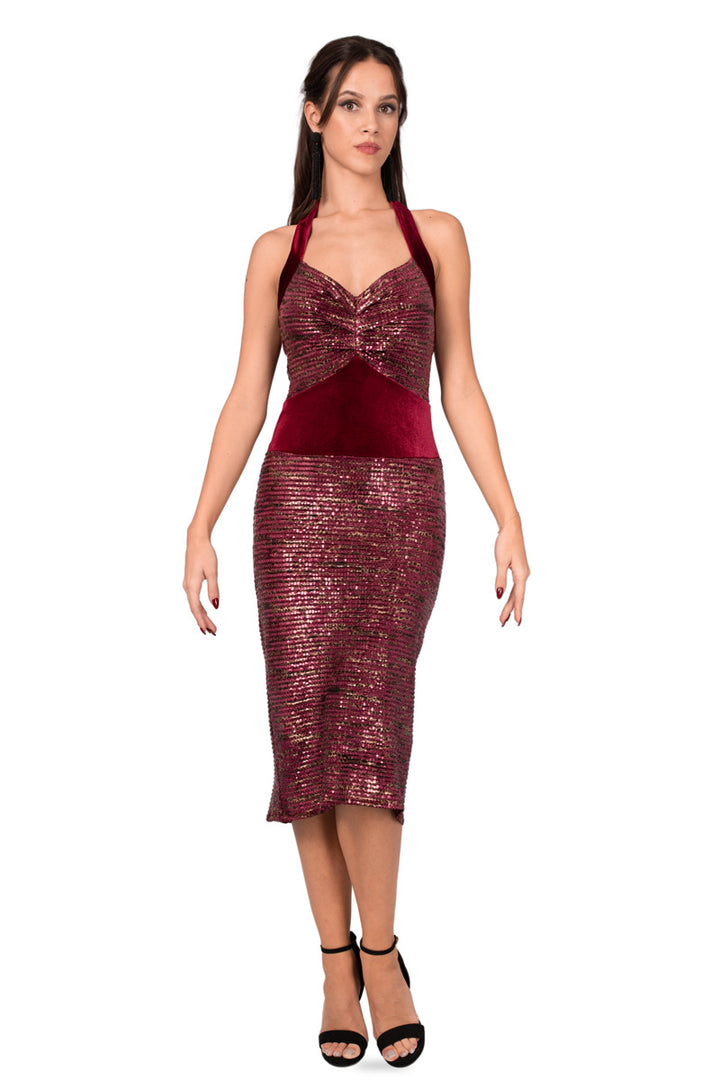 Burgundy Halter-Neck Tie Fishtail Dress With Velvet Details
