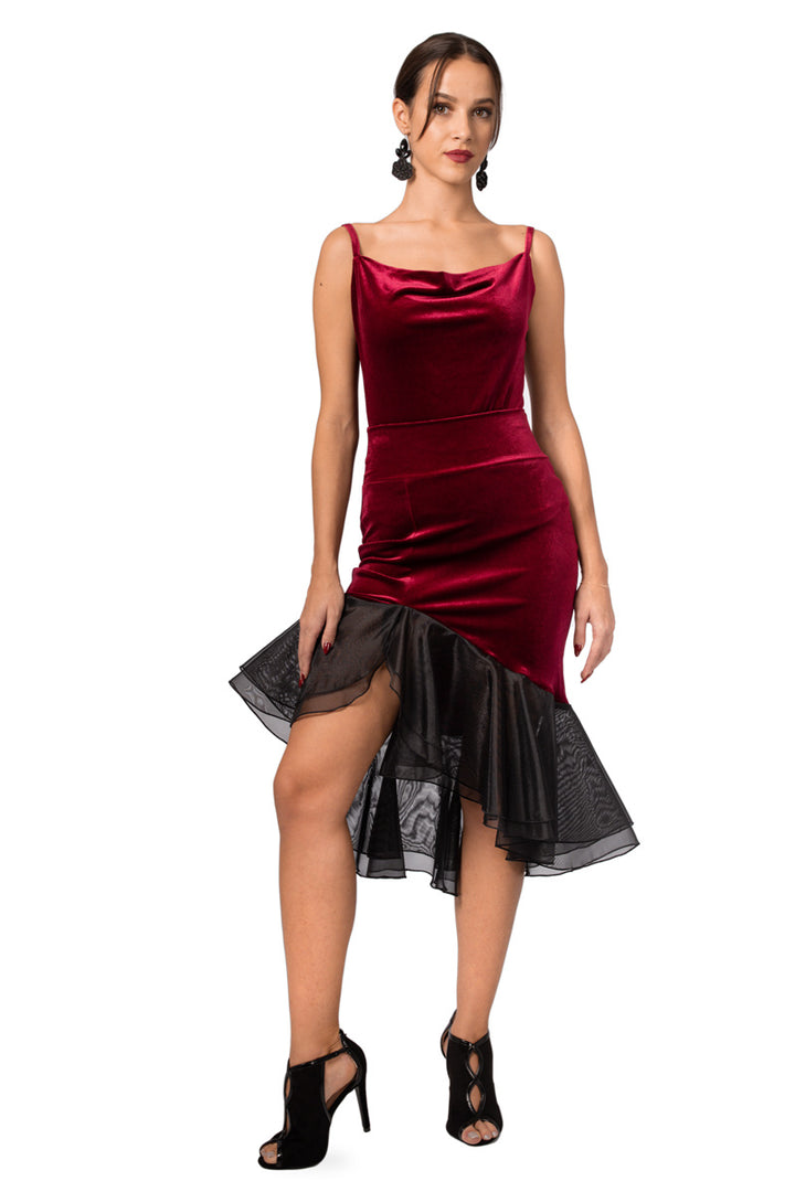 Burgundy Velvet Skirt With Black Organza Ruffles