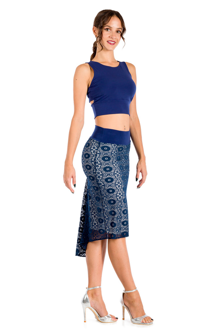 Dark Blue Floral Lace Fishtail Tango Skirt