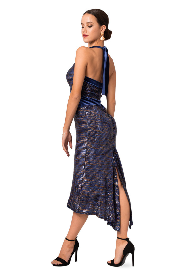 Dark Blue Paillette Halter-Neck Tie Fishtail Dress With Velvet Details