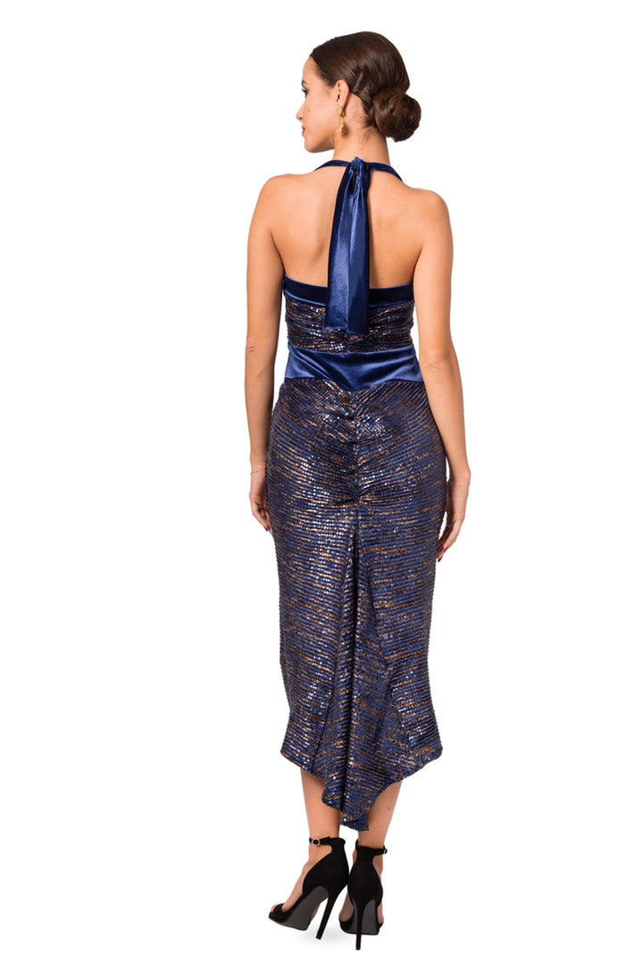 Dark Blue Paillette Halter-Neck Tie Fishtail Dress With Velvet Details