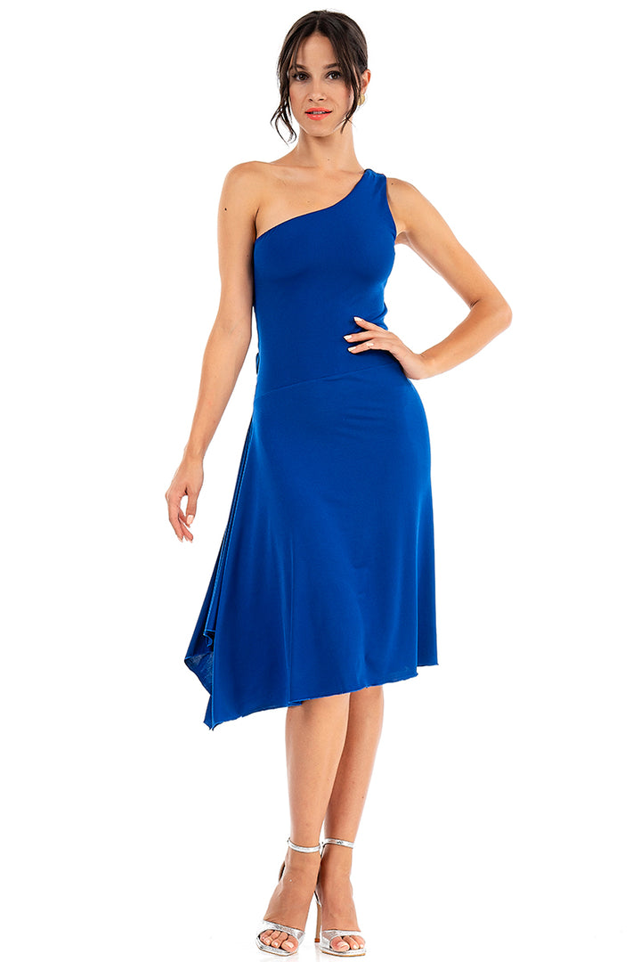 Electric Blue One Shoulder Dress With Twisted Back And Side Draping