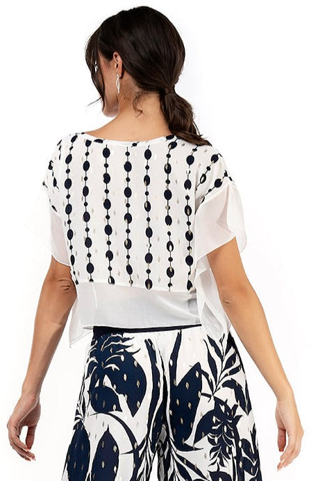 White Boxy Co-ord Crop Top With Dark Blue & Silver Print