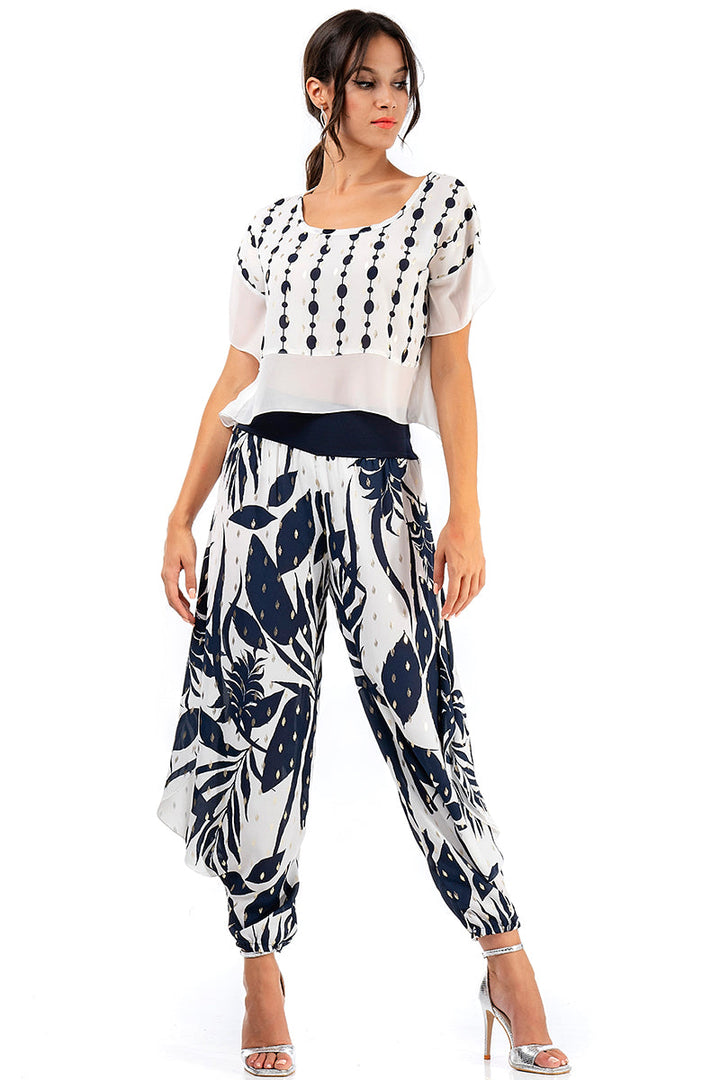 White Boxy Co-ord Crop Top With Dark Blue & Silver Print