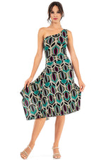 Load image into Gallery viewer, Geometric Printed One Shoulder Dress With Twisted Back And Side Draping