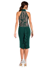 Load image into Gallery viewer, Green Front Key-Hole Bodycon Dress With Lace And Back Ruffles