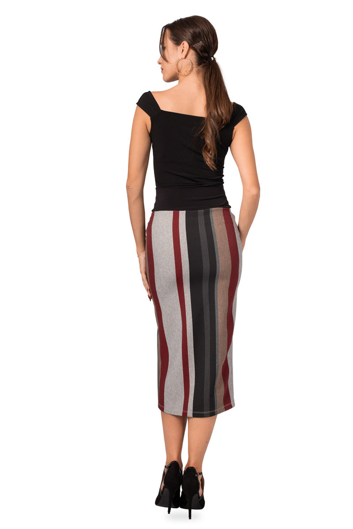 Grey Midi Striped Pencil Skirt With Slit