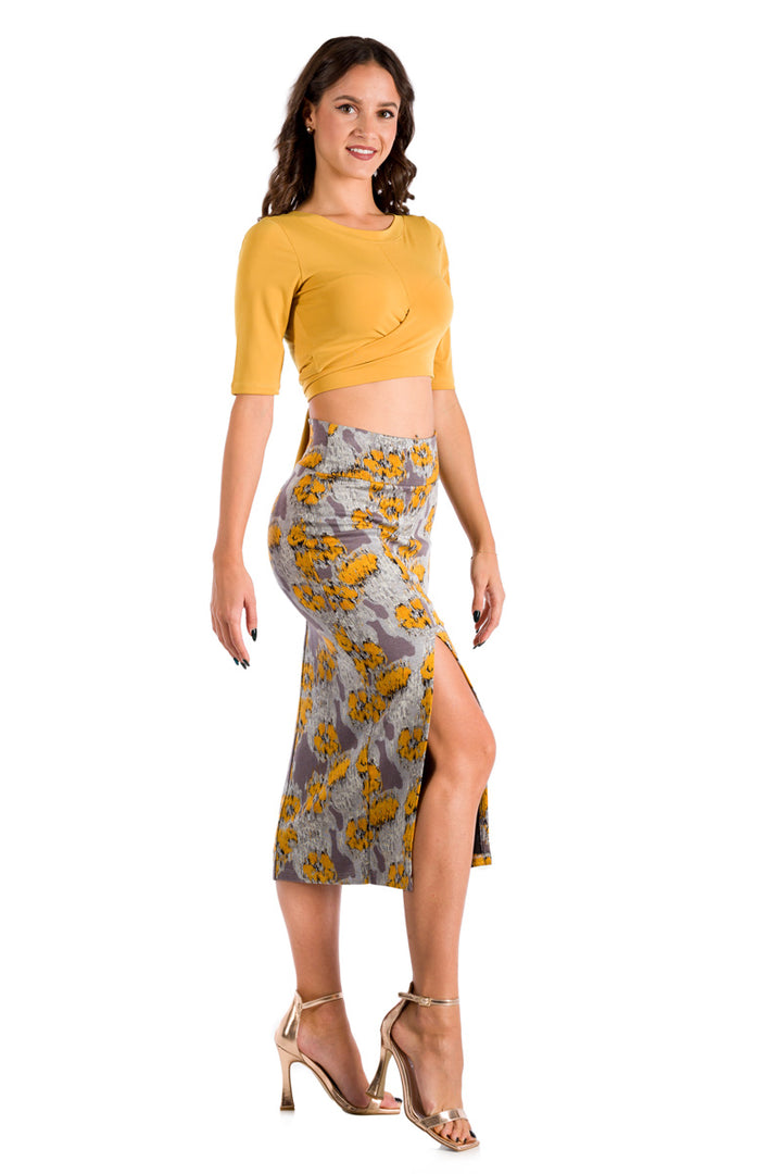 Grey Midi Yellow Printed Pencil Skirt With Slit